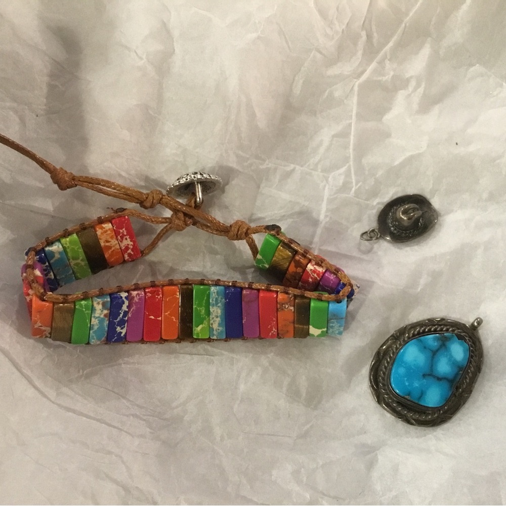 3 pcs:  sterling Silver Cowboy hat charm and turq. Pendant & colorful bracelet